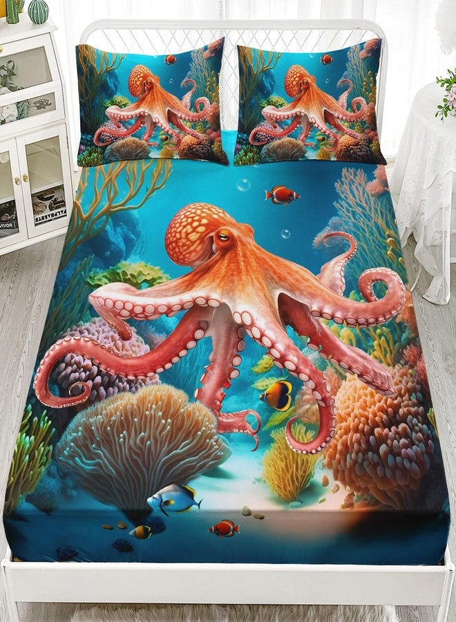 AILONEN Octopus Fitted Sheet Twin Size, 3D Octopus Turquoise Themed Bedding Set for Kids Boys,Boho Mandala Ocean Theme Bedding Set,3 Pieces,1 Soft Breathable Fitted Sheet and 2 Pillowcases - Image 1